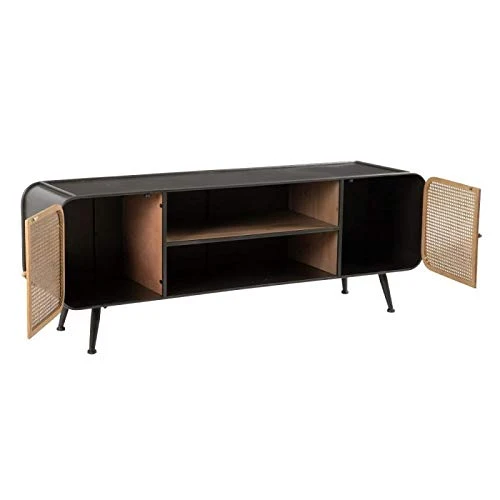 Meuble TV 2 Portes 2 niches Métal/Bois/Cannage - Piero - L 150 x l 39 x H 55 - Neuf