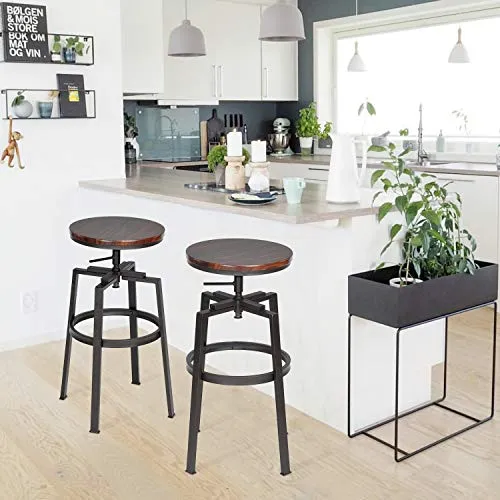 Lot de 2 Tabourets de Bar, Chaise De Bar, Industriel Tabouret de Bar, Hauteur Réglable en Bois de Métal Design Bistro Pub Chaise avec Repose-Pieds, Piètement en Fer, Pivotant à 360°