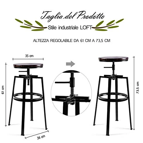 Lot de 2 Tabourets de Bar, Chaise De Bar, Industriel Tabouret de Bar, Hauteur Réglable en Bois de Métal Design Bistro Pub Chaise avec Repose-Pieds, Piètement en Fer, Pivotant à 360°