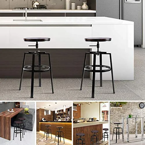 Lot de 2 Tabourets de Bar, Chaise De Bar, Industriel Tabouret de Bar, Hauteur Réglable en Bois de Métal Design Bistro Pub Chaise avec Repose-Pieds, Piètement en Fer, Pivotant à 360°
