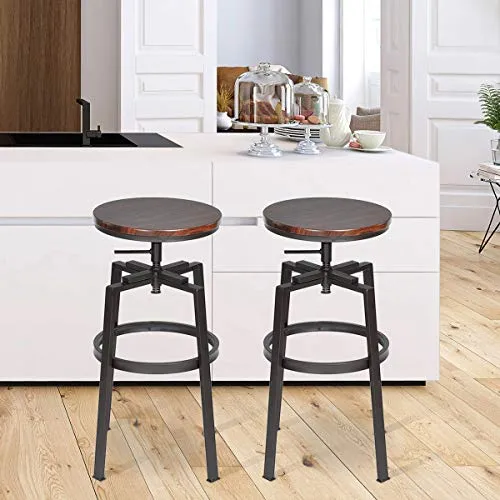 Lot de 2 Tabourets de Bar, Chaise De Bar, Industriel Tabouret de Bar, Hauteur Réglable en Bois de Métal Design Bistro Pub Chaise avec Repose-Pieds, Piètement en Fer, Pivotant à 360°