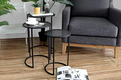 LIFA LIVING Lot de 3 Table Basse gigogne, Table Basse de Salon, Petite Table Scandinave en métal Noir, pour la Cuisine, Le Salon et la Chambre