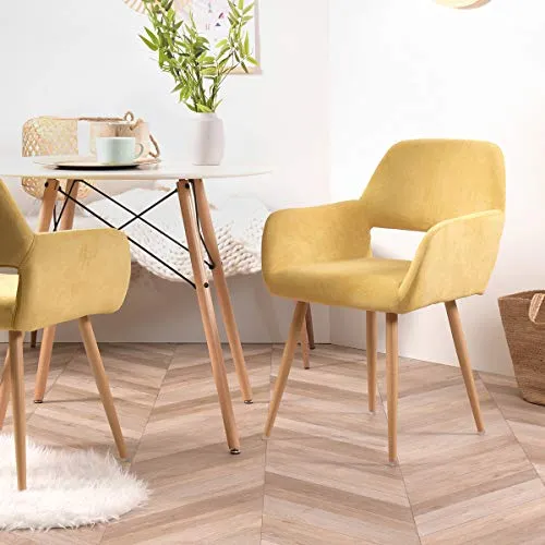 FURNISH1 Lot de 2 Fauteuil Chaise de Salle à Manger Scandinave en Tissu Jaune Métal Look Bois Chêne Design Salon Bureau Chambre