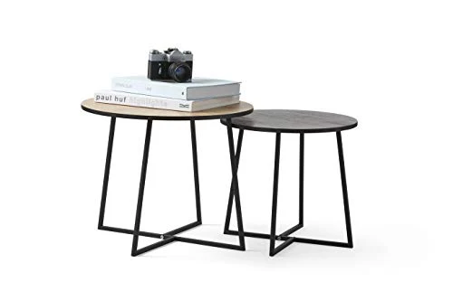 LIFA LIVING Table Basse Ronde Bois et métal Noir, Lot de 2 Tables gigognes scandinaves Hauteur 50 cm et 40 cm, Table d'appoint Industrielle pour Salon