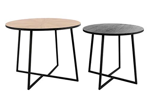LIFA LIVING Table Basse Ronde Bois et métal Noir, Lot de 2 Tables gigognes scandinaves Hauteur 50 cm et 40 cm, Table d'appoint Industrielle pour Salon