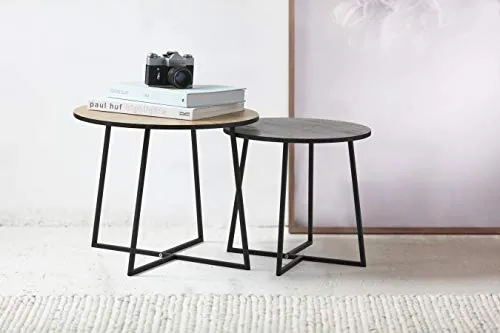 LIFA LIVING Table Basse Ronde Bois et métal Noir, Lot de 2 Tables gigognes scandinaves Hauteur 50 cm et 40 cm, Table d'appoint Industrielle pour Salon
