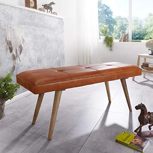 Kadima Design SALI Banc de Jardin en Cuir de chèvre Massif 117 x 51 x 38 cm Style rétro 2 Banc rembourré, Couloir, Banc rembourré en Cuir Marron