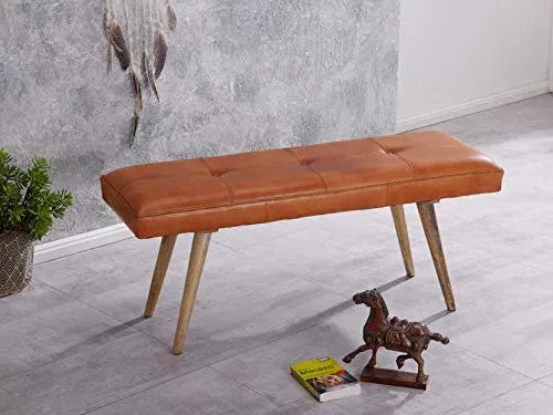 Kadima Design SALI Banc de Jardin en Cuir de chèvre Massif 117 x 51 x 38 cm Style rétro 2 Banc rembourré, Couloir, Banc rembourré en Cuir Marron