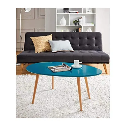 STONE Table basse ovale scandinave bleu paon laqué - L 98 x l 61 cm
