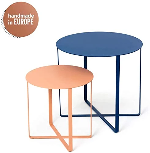 Chaji Kun Set De Table Latérale en Métal for Un Canapé-Jardin Balcon Pêche Et Bleu Foncé - Table Basse Ronde Protection environnementale