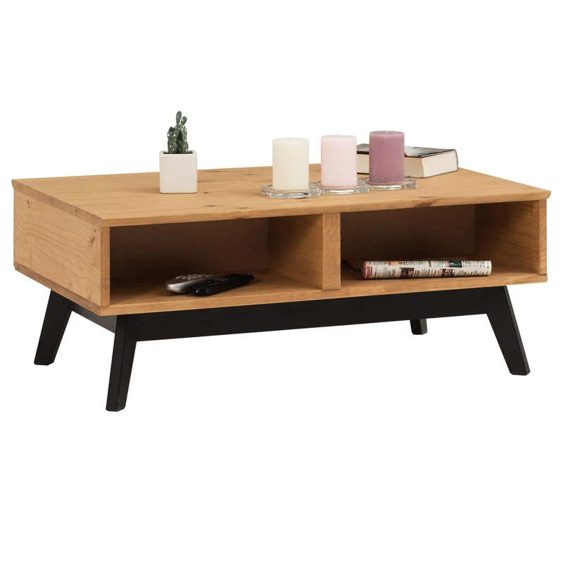 IDIMEX Table Basse Tibor Style scandinave Design Vintage Nordique Table de Salon rectangulaire avec 2 tiroirs et 2 niches, en pin Massif Finition Bois Naturel teinté