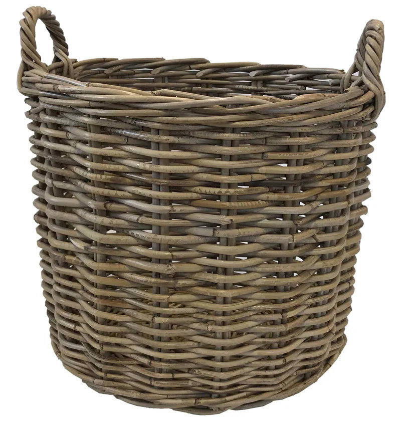 Grand panier de rangement rond en rotin gris