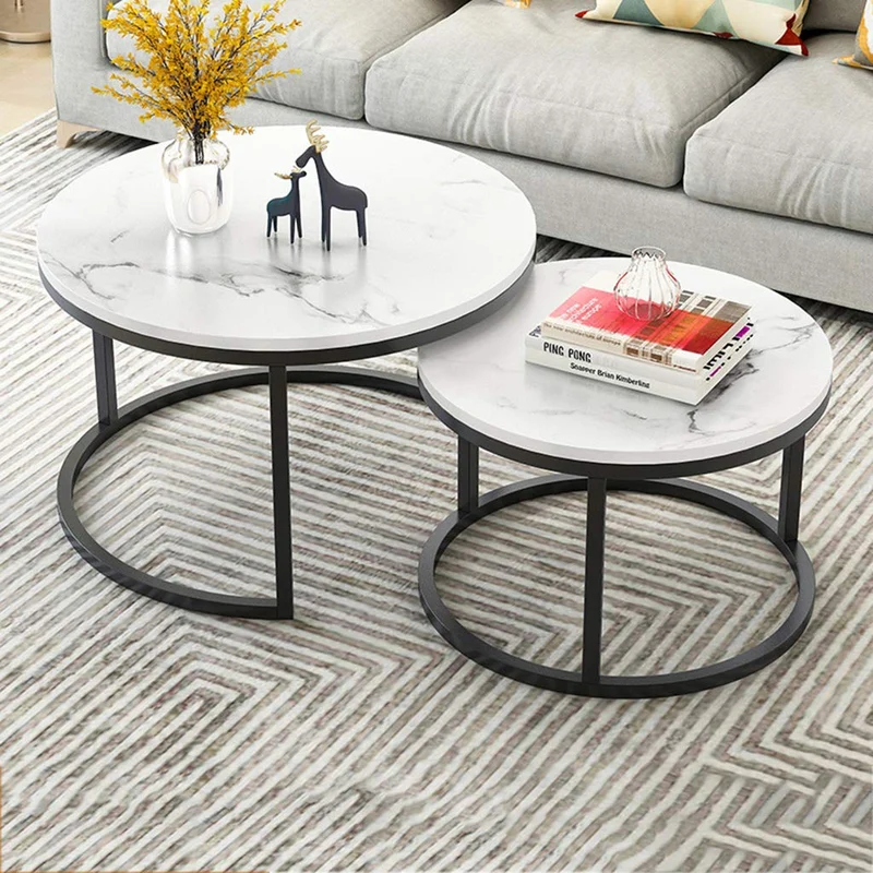 XWZJY Facile Table Basse empilable, Salon Tables gigognes Rondes, Ensemble de 2 Canapé Fin/Table d'appoint, Impression en marbre et Cadre en Acier, Facile à Nettoyer