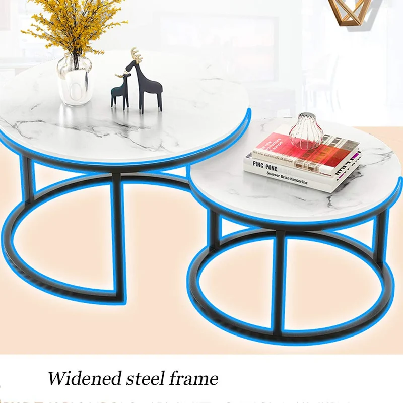 XWZJY Facile Table Basse empilable, Salon Tables gigognes Rondes, Ensemble de 2 Canapé Fin/Table d'appoint, Impression en marbre et Cadre en Acier, Facile à Nettoyer