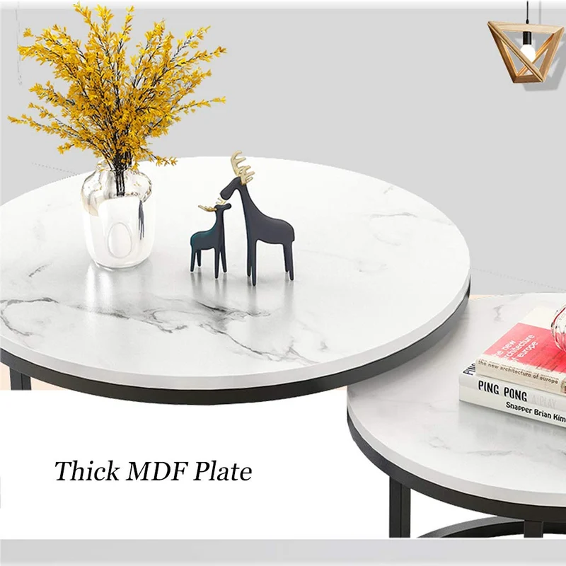 XWZJY Facile Table Basse empilable, Salon Tables gigognes Rondes, Ensemble de 2 Canapé Fin/Table d'appoint, Impression en marbre et Cadre en Acier, Facile à Nettoyer