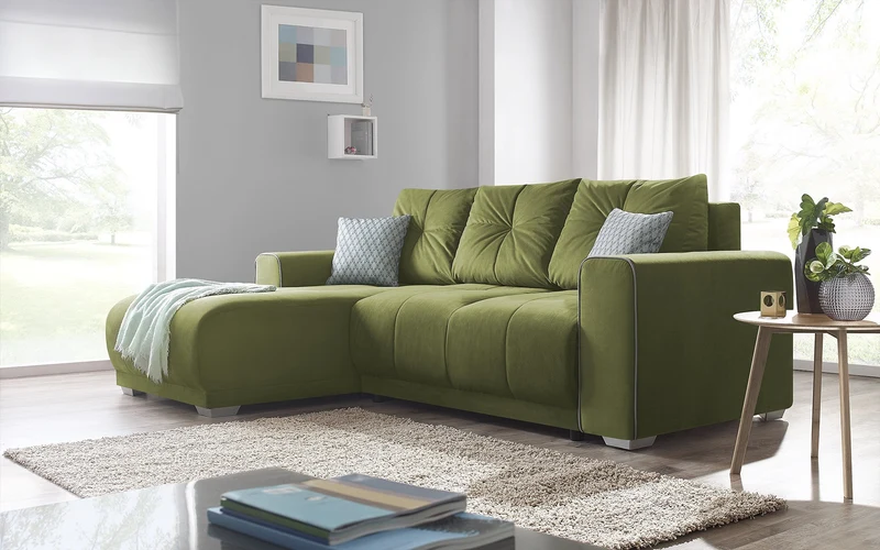 Bobochic LISBONA Canapé Angle Gauche Convertible 4 places avec coussins Vert 236 x 165 x 81 cm