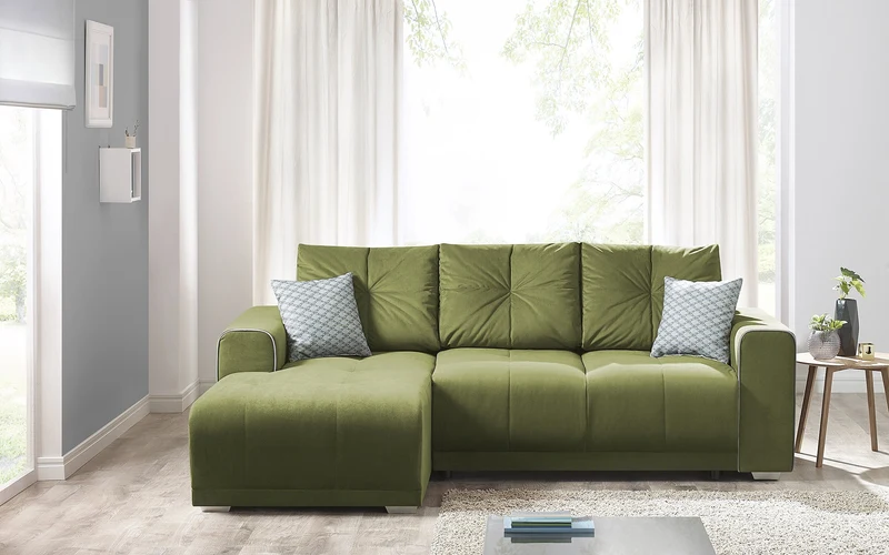 Bobochic LISBONA Canapé Angle Gauche Convertible 4 places avec coussins Vert 236 x 165 x 81 cm