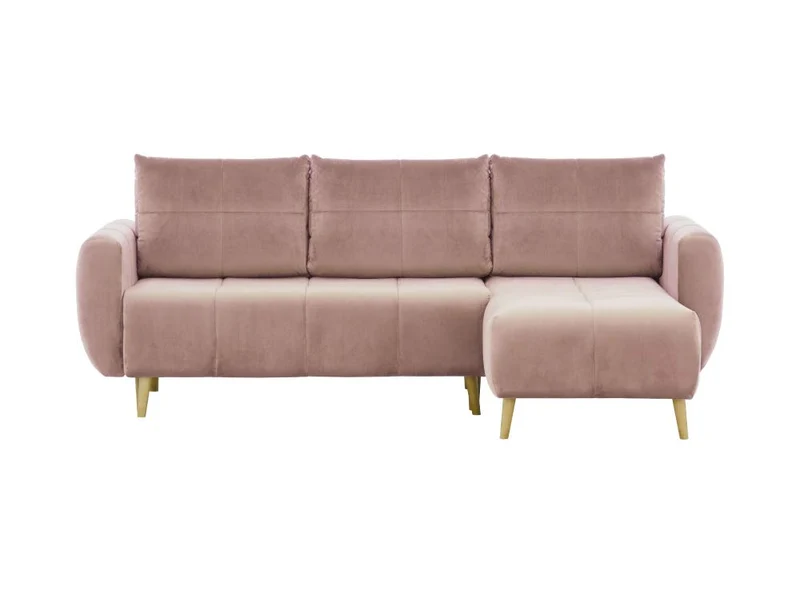 Loungitude Canapé d'angle réversible, convertible en velours rose et pieds bois clair avec coffre
