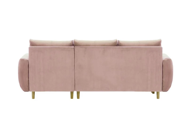 Loungitude Canapé d'angle réversible, convertible en velours rose et pieds bois clair avec coffre