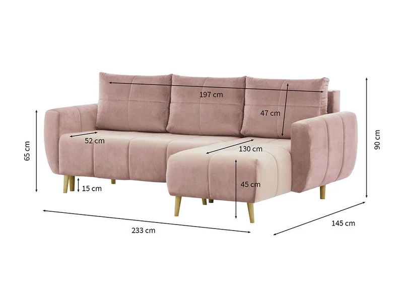 Loungitude Canapé d'angle réversible, convertible en velours rose et pieds bois clair avec coffre