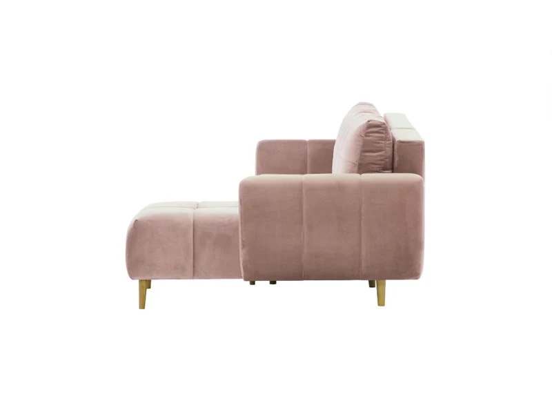 Loungitude Canapé d'angle réversible, convertible en velours rose et pieds bois clair avec coffre
