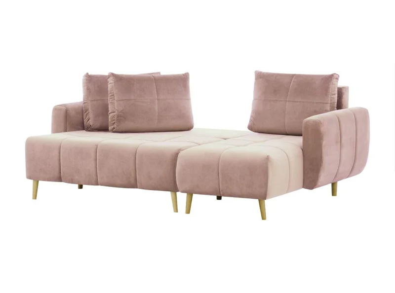 Loungitude Canapé d'angle réversible, convertible en velours rose et pieds bois clair avec coffre