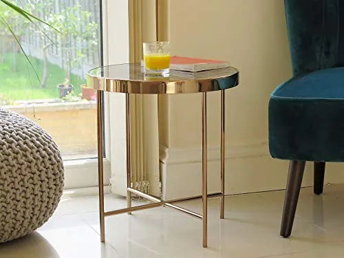 ASPECT - Table Basse Ronde Fino en métal de Couleur Or Rose et Verre à l'aspect de marbre Brun - 42,5 x 42,5 x 46 cm