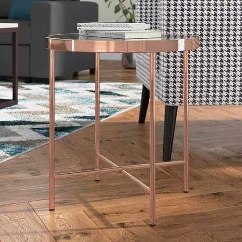 ASPECT - Table Basse Ronde Fino en métal de Couleur Or Rose et Verre à l'aspect de marbre Brun - 42,5 x 42,5 x 46 cm