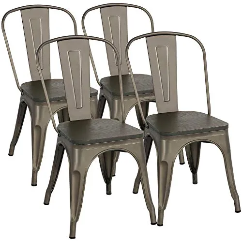 Yaheetech Lot de 4 Chaises Salle à Manger Industriel Empilable Tabouret Cuisine Jardin Balcon Métallique Marron en Fer/Métal Bois 45 cm de Hauteur Capacité de 150 kg Exterieur Interieur