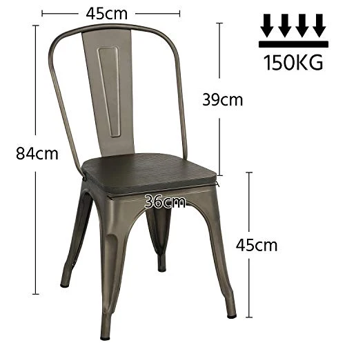 Yaheetech Lot de 4 Chaises Salle à Manger Industriel Empilable Tabouret Cuisine Jardin Balcon Métallique Marron en Fer/Métal Bois 45 cm de Hauteur Capacité de 150 kg Exterieur Interieur