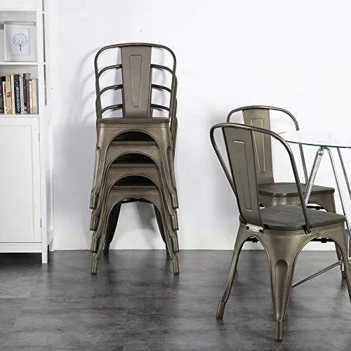 Yaheetech Lot de 4 Chaises Salle à Manger Industriel Empilable Tabouret Cuisine Jardin Balcon Métallique Marron en Fer/Métal Bois 45 cm de Hauteur Capacité de 150 kg Exterieur Interieur