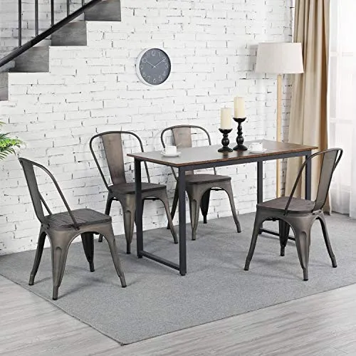 Yaheetech Lot de 4 Chaises Salle à Manger Industriel Empilable Tabouret Cuisine Jardin Balcon Métallique Marron en Fer/Métal Bois 45 cm de Hauteur Capacité de 150 kg Exterieur Interieur