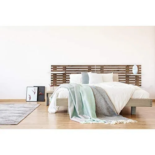 Decowood - Tête de Lit pour Chambre à Coucher, avec Baguettes et 4 Étagères, Bois de Sapin Vieilli - 244 x 60 cm