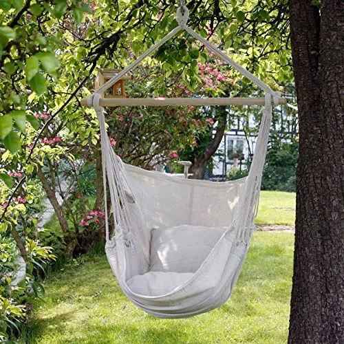 ECD Germany Fauteuil Suspendu - Avec 2 Coussins - Jusqu'à 120 kg - Beige - En Coton/Bois Dur - Intérieur et Extérieur - Chaise Relaxation Hamac Suspendu - Chambres Patio Pont de Bateau Jardin Cour