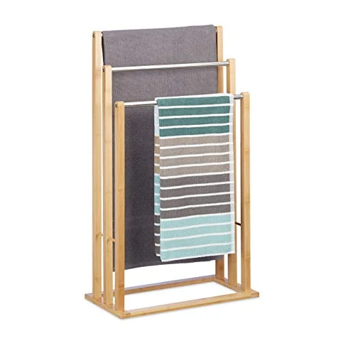 Relaxdays 10020983 Porte-serviettes sur pied 3 bras salle de bain bambou support valet serviteur HxlxP: 84 x 48 x 26 cm, nature