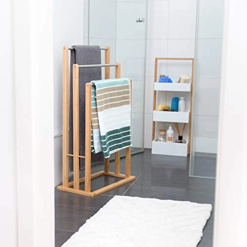 Relaxdays 10020983 Porte-serviettes sur pied 3 bras salle de bain bambou support valet serviteur HxlxP: 84 x 48 x 26 cm, nature