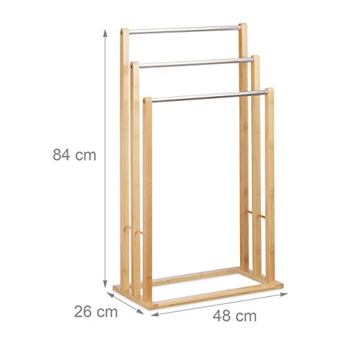 Relaxdays 10020983 Porte-serviettes sur pied 3 bras salle de bain bambou support valet serviteur HxlxP: 84 x 48 x 26 cm, nature