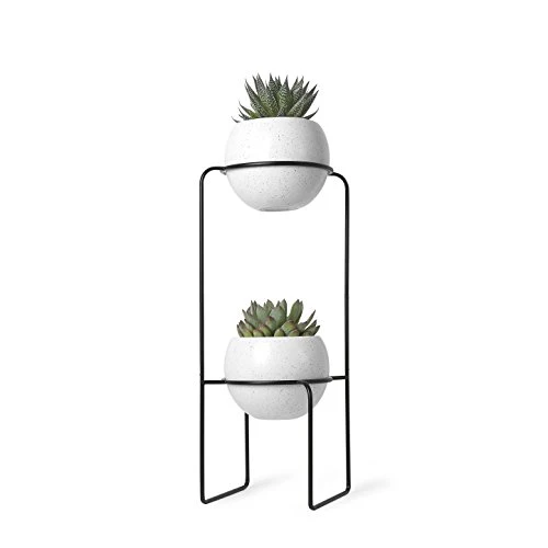 UMBRA Nesta freestand. Porte Plante Nesta. En céramique et métal. Coloris noir et blanc moucheté gris. Dimension 21.8x21.8x70cm
