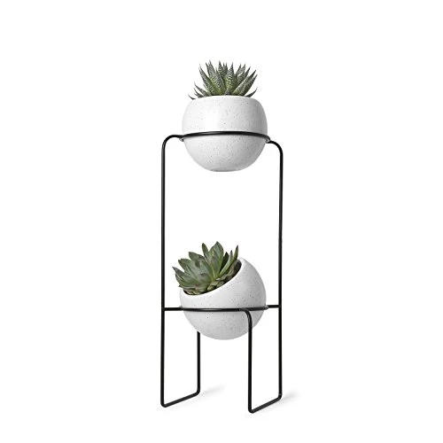UMBRA Nesta freestand. Porte Plante Nesta. En céramique et métal. Coloris noir et blanc moucheté gris. Dimension 21.8x21.8x70cm