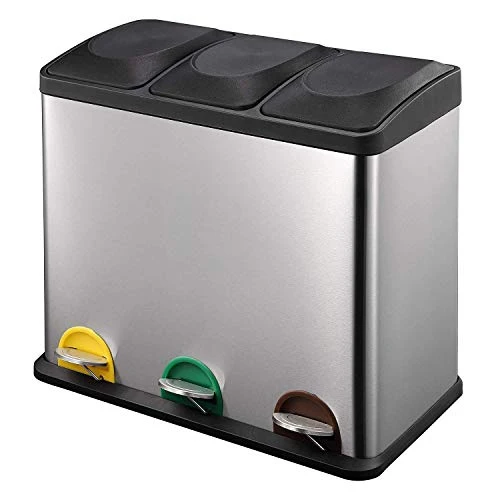 Poubelle de cuisine à pédale tri sélectif 45L (3x15L) ZOE en acier Inox avec seau
