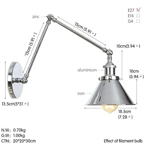 JING Lampe Murale Vintage Ajustable Simplicité E27 avec Bras Oscillant Applique Murale (110-240V, sans Ampoule Incluse)