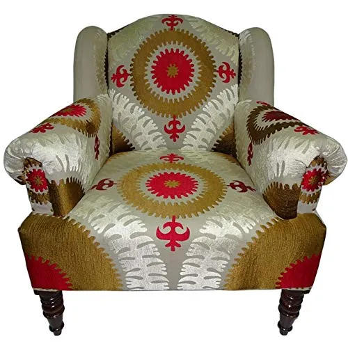 Nomadde Ethnique - Fauteuil Velours clouté Rouge ARI - Finition : Voir Photo Bois Massif de Manguier & Textile brodé