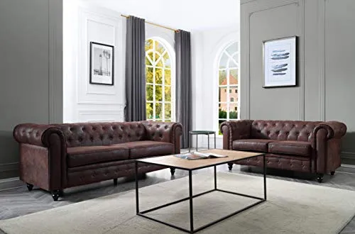 Canapé 3 Places,Chesterfield, Marron, 202cm x 82cm x 72cm