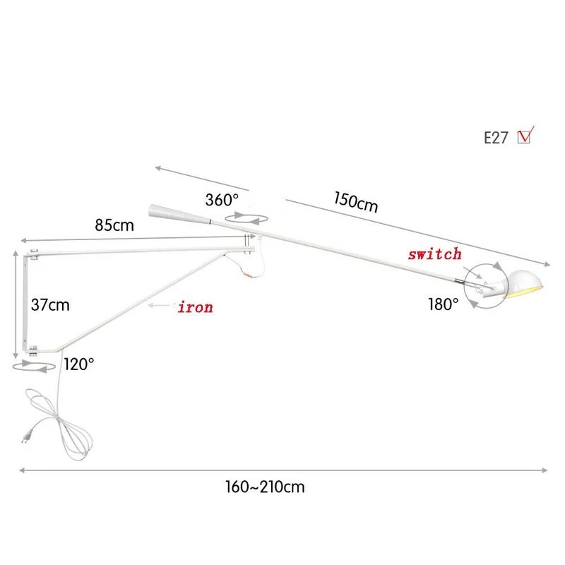 FYBAO Applique rétro Bascule Lampe réglable Mur Long Bras paroi Grenier de Fer Industriel léger personnalité E27 Lampe Murale créative,Blanc,150CM