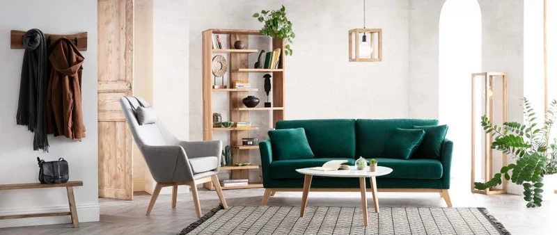 Canapé scandinave 3 Places Velours Vert émeraude Pieds Bois Oslo