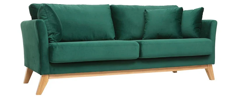 Canapé scandinave 3 Places Velours Vert émeraude Pieds Bois Oslo