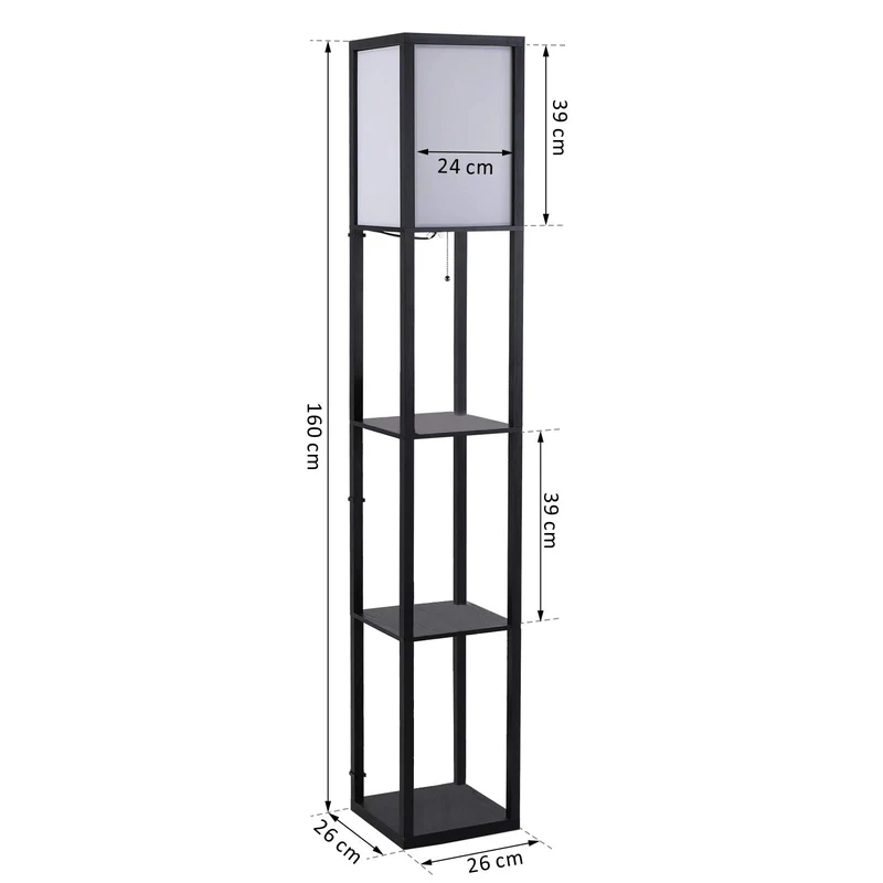 Homcom Lampadaire étagère Lampe étagère 26L x 26l x 160H cm 3 étagères 4 Niveaux MDF Noir