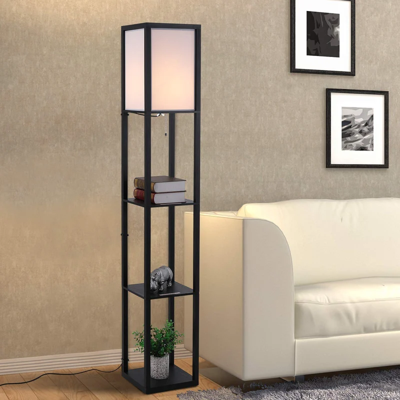 Homcom Lampadaire étagère Lampe étagère 26L x 26l x 160H cm 3 étagères 4 Niveaux MDF Noir