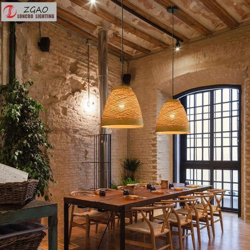 Xungzl Lampe en rotin Creative tissé à la Main Lustre Rural rétro Restaurant Bamboo Chambre Lampe Balcon étude rotin personnalité Lustre Ferme Le Restaurant Maison de thé Lustre éclairage E27