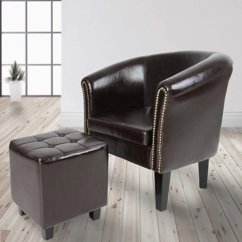 MIADOMODO Fauteuil Chesterfield avec Tabouret - en Bois et Simili Cuir, Éléments Décoratifs en Cuivre, Capacité 100 kg, Couleur au Choix - Chaise, Meubles, Fauteuil Cabriolet, Salon, Maison (Marron)